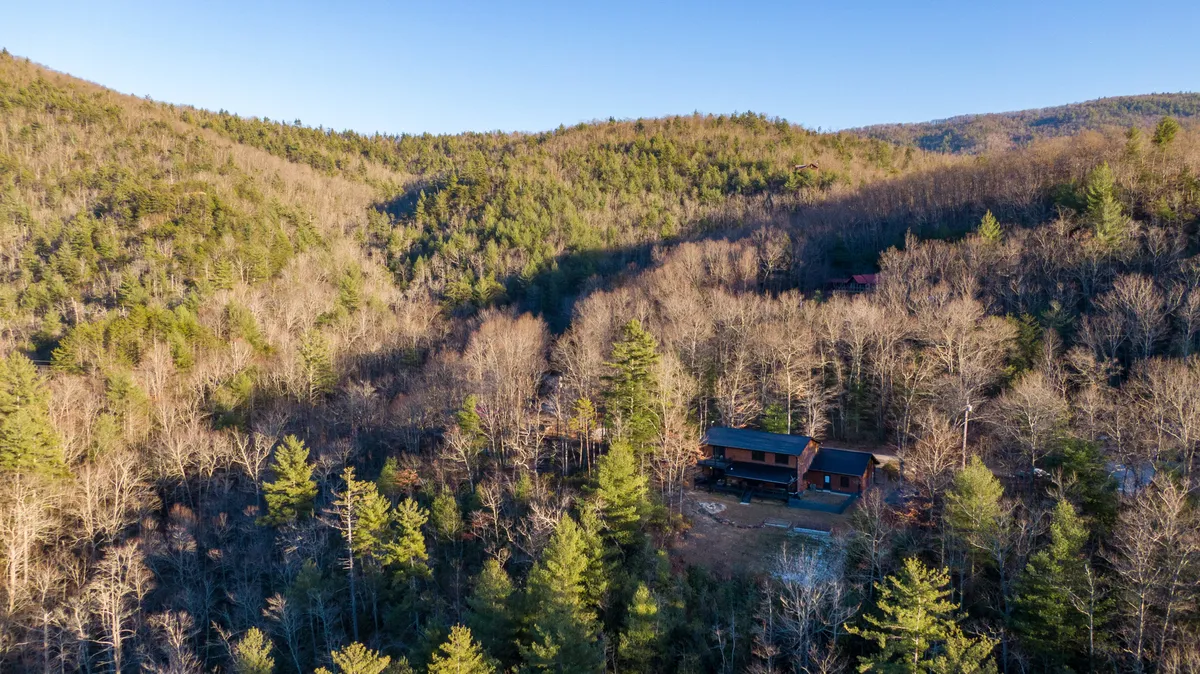 This exterior image showcases the property nestled among trees with a striking mountain landscape in the background. The home is the focal point, surrounded by natural beauty, suggesting a tranquil retreat, while the porch and outdoor setting hint at social gatherings and stargazing opportunities.